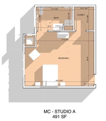 Architectural floor plan of a studio apartment