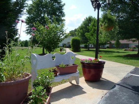Outdoor seating area with flowers and pathway