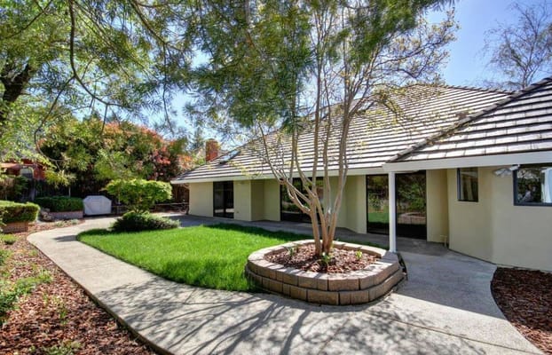 Well-kept outdoor space with pathway and greenery