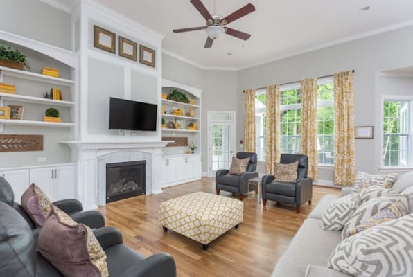 Bright living room with comfortable seating and decorative elements