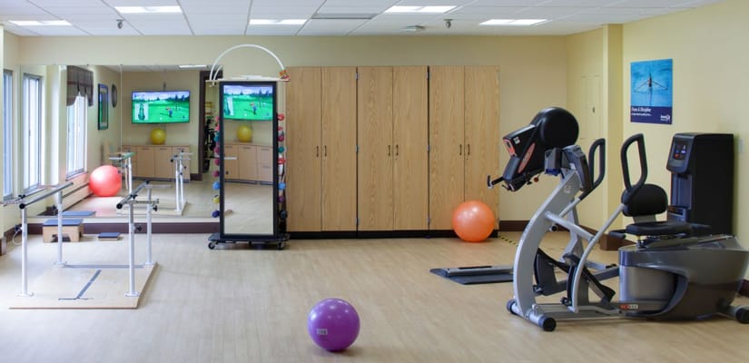 Interior view of a therapy room with exercise equipment and exercise balls
