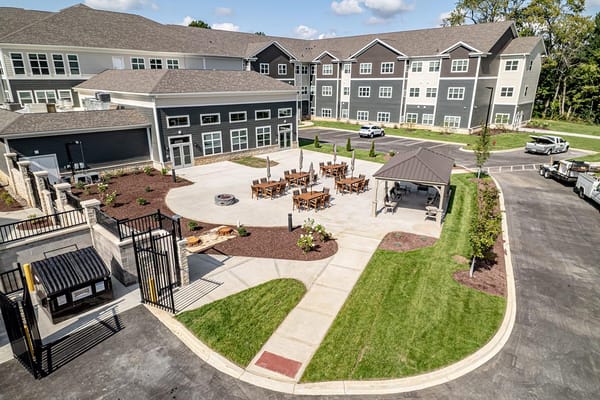 Aerial view of the outdoor patio area with seating