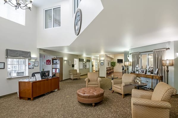 Interior view of a lobby with seating and decor