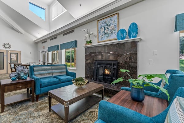 Bright living room with teal sofas and a fireplace