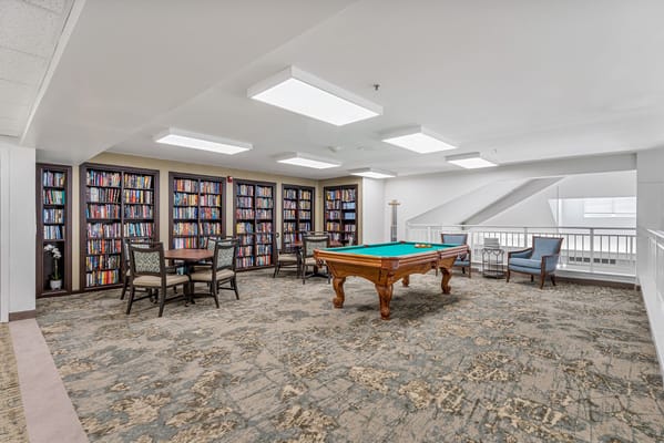 Interior view of the game room with pool table and bookshelves