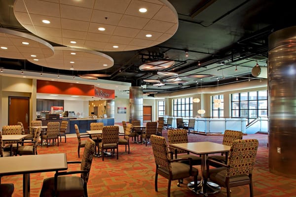 Interior view of a dining area with seating