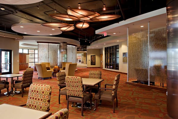 Interior view of a modern common area with seating