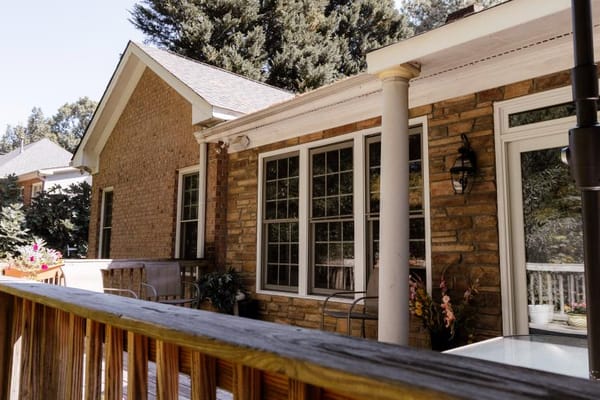 Exterior view of a brick building with windows