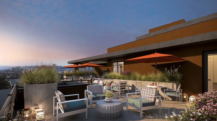 Beautiful outdoor terrace with seating and sunset view