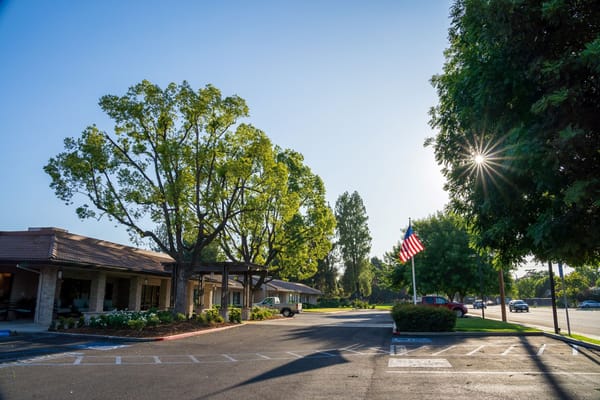 Outdoor view of Park Visalia Assisted Living with trees and an American flag.