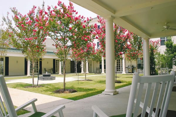 A serene outdoor area with flowering trees and rocking chairs