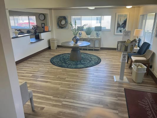 Interior view of a common area with seating and decor