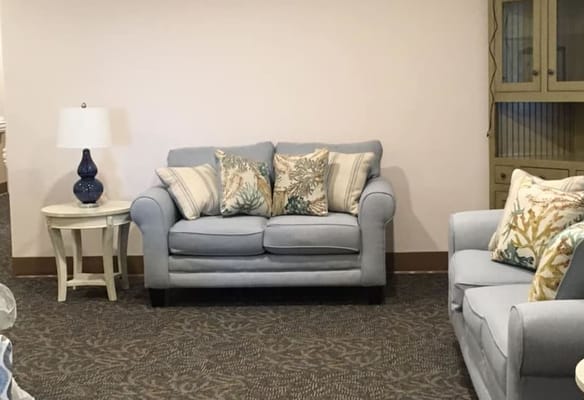 Blue sofas with decorative pillows in a living room setting