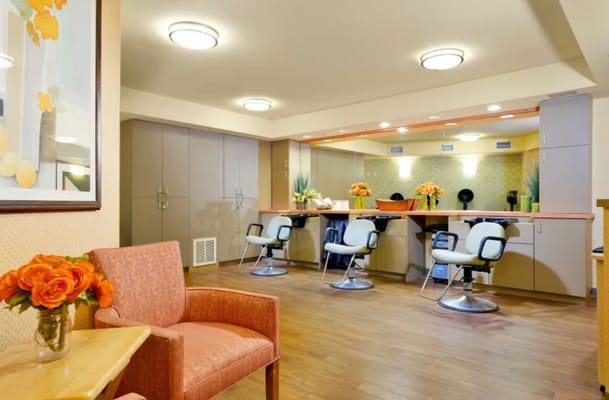 Bright and inviting hair salon with styling chairs and a decorative counter