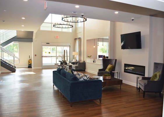 Bright lobby of a senior living facility with modern design