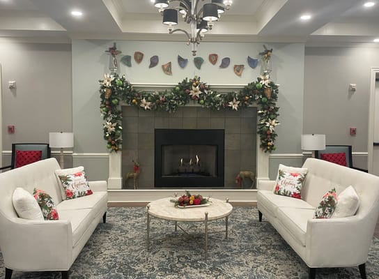 Cozy common area with festive decorations