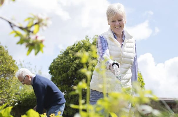 Residents gardening in a sunny outdoor space