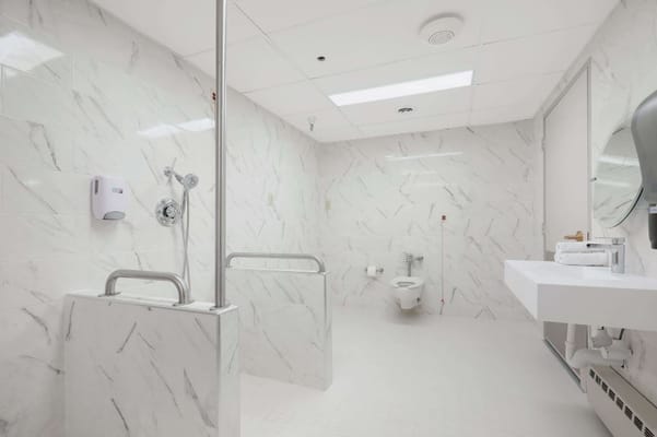 Modern accessible bathroom with grab bars and shower