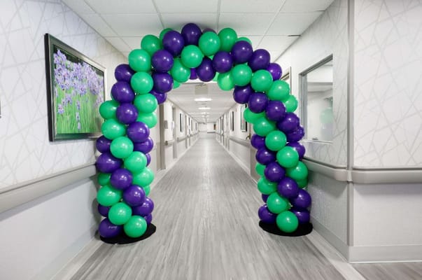A vibrant balloon arch in shades of green and purple at a senior living facility hallway