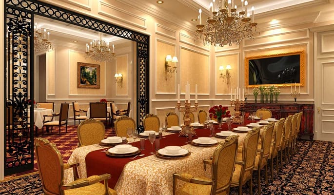 Luxurious dining room featuring a long table set for dinner