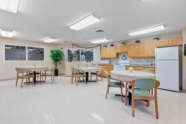 Interior view of a dining room with tables