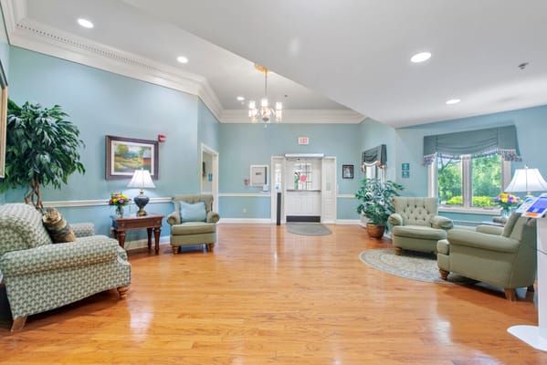 Bright and inviting common area with seating