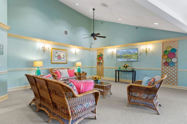 Bright interior lounge area with colorful furniture