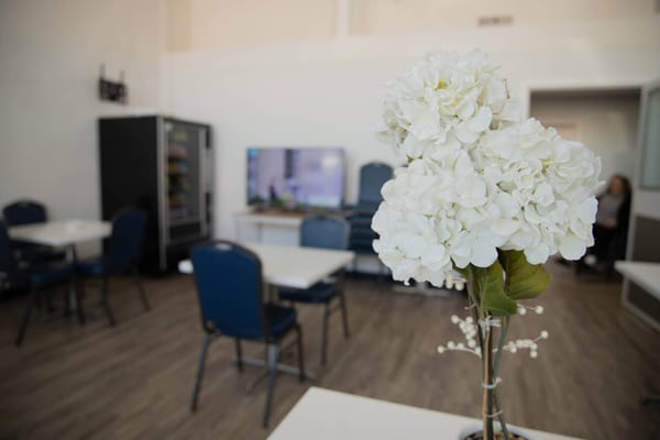Common area with seating and flower decor
