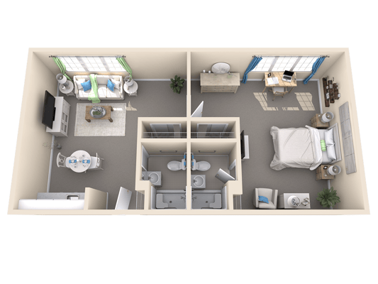 Floor plan of a one-bedroom resident room with living area