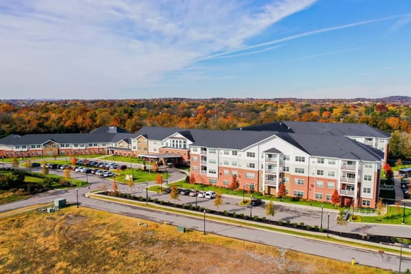 Aerial view of Clarendale at Indian Lake facility with autumn scenery