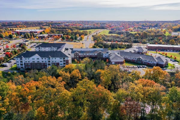 Aerial view of Clarendale at Indian Lake surrounded by trees