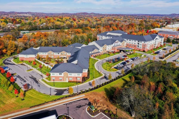 Aerial view of the Clarendale at Indian Lake facility with autumn foliage