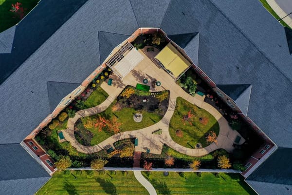 Aerial view of a landscaped outdoor garden area
