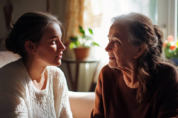 Two women engaged in conversation in a cozy interior