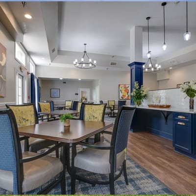Bright dining room with tables and chairs