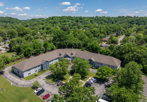 Aerial view of The Village at Bellevue surrounded by trees