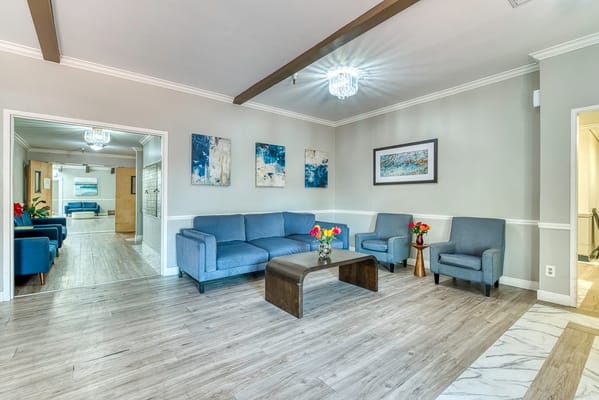 Interior view of a common area with seating and decor