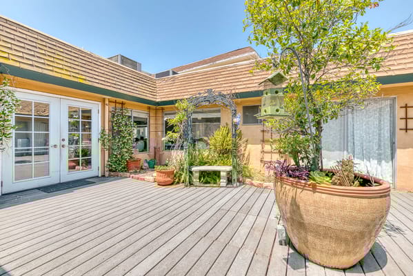 Outdoor space with plants and a seating area
