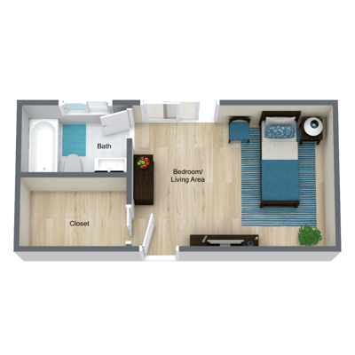 Architectural floor plan of a resident living area