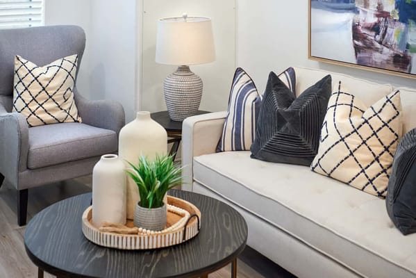 Cozy interior living area with couches and decorations