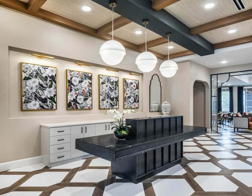 Interior view of a stylish lobby with artwork