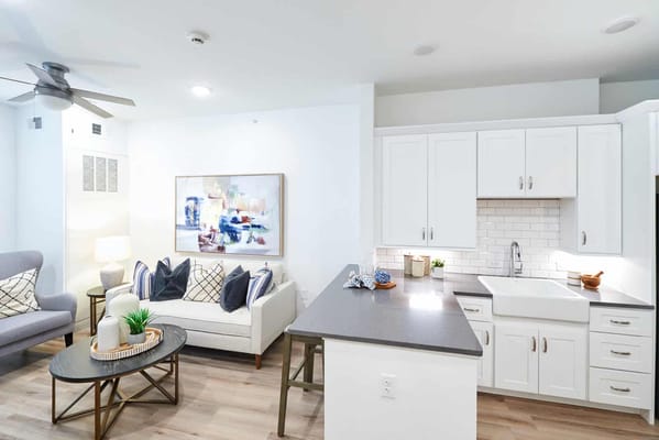 Bright interior of a cozy common area with seating