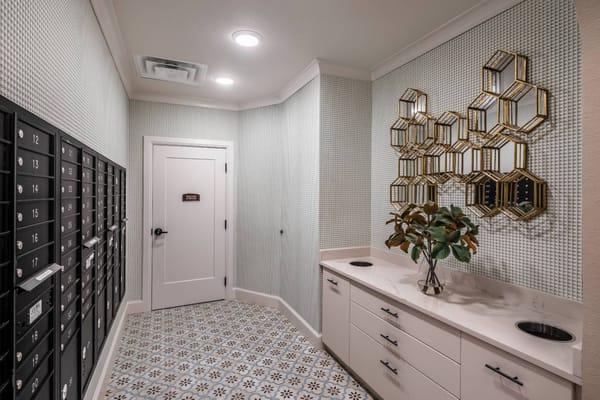 Interior view of a mail room with decor