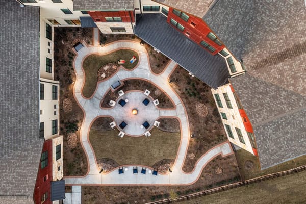Aerial view of a beautifully designed outdoor space with pathways