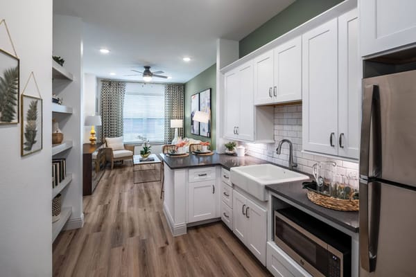 Bright kitchen and living area within a resident unit