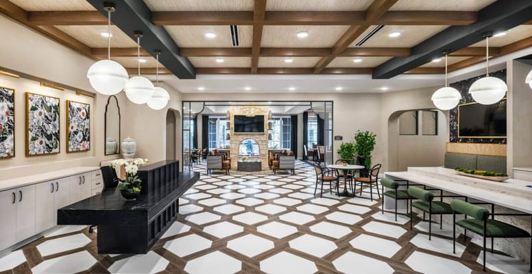 Interior view of a modern common area with seating