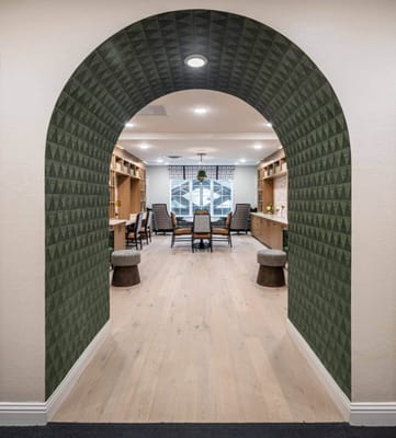 Interior view of a common area with seating and decor