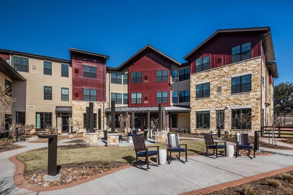 Outdoor space with seating and building exterior