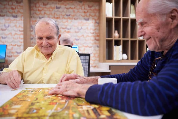 Two elderly men enjoying a puzzle in a common area
