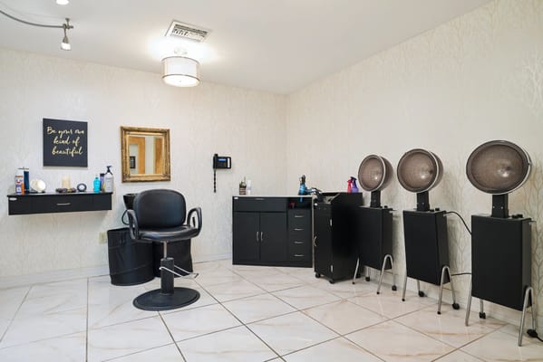 Interior of a hair salon with styling chairs